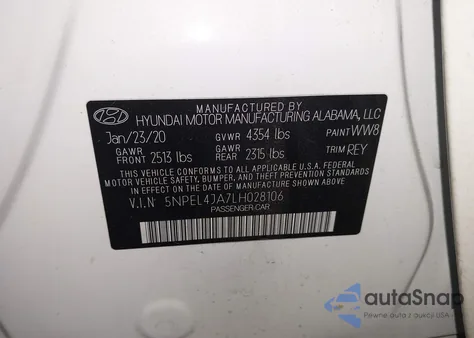 2020 Hyundai Sonata Sel z USA, uszkodzony, nr VIN 5NPEL4JA7LH028106